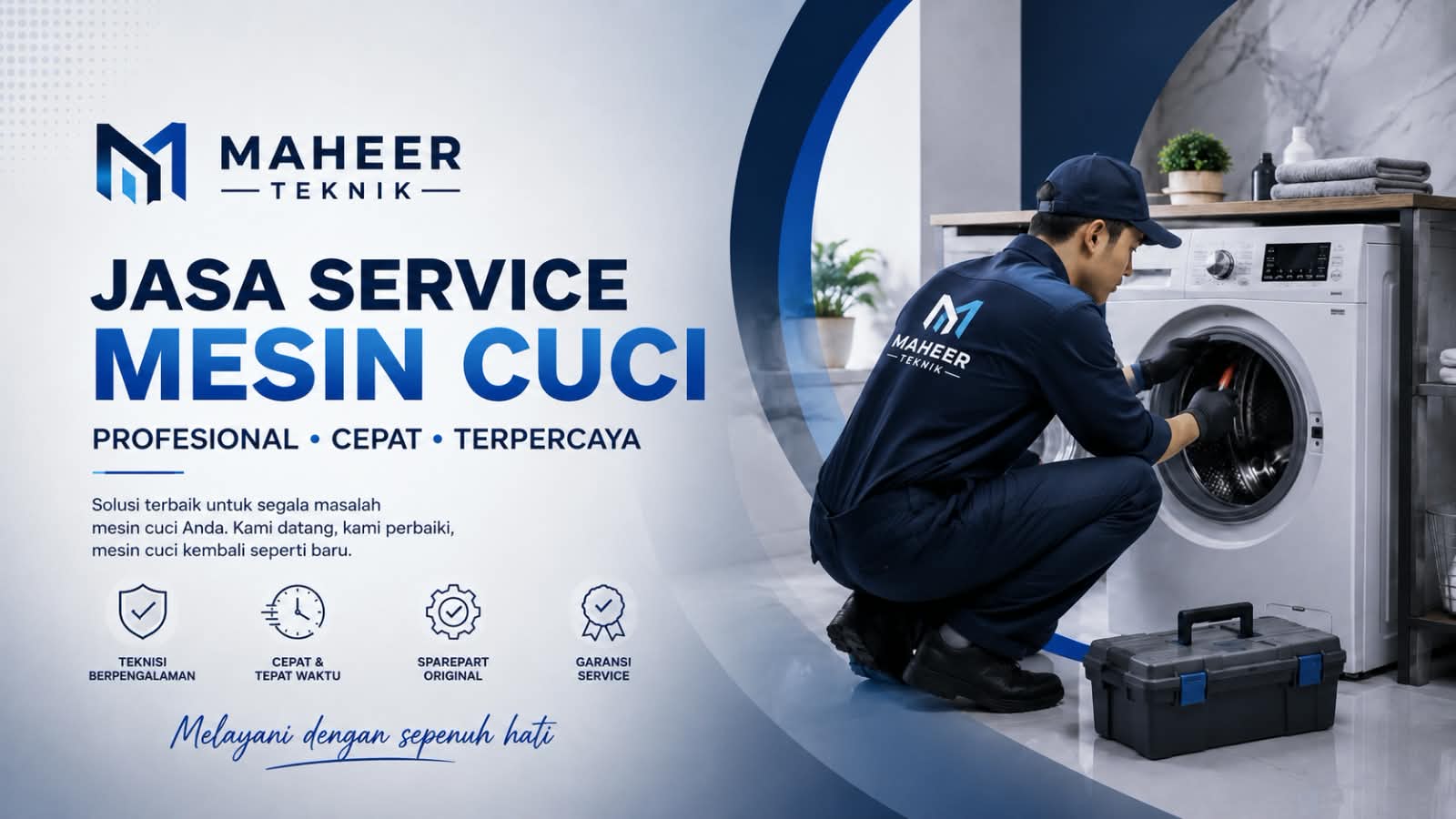 Realistic photograph of a 24-year-old Javanese technician with traditional features, wearing work attire, focused intently on repairing a washing machine in a workshop with scattered tools including screwdrivers, pliers, and diagnostic equipment, lit under professional fluorescent lights capturing the hands-on expertise and concentration